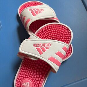 Pink and White Adidas Slides with massage nubbs. Kids Size 13.
